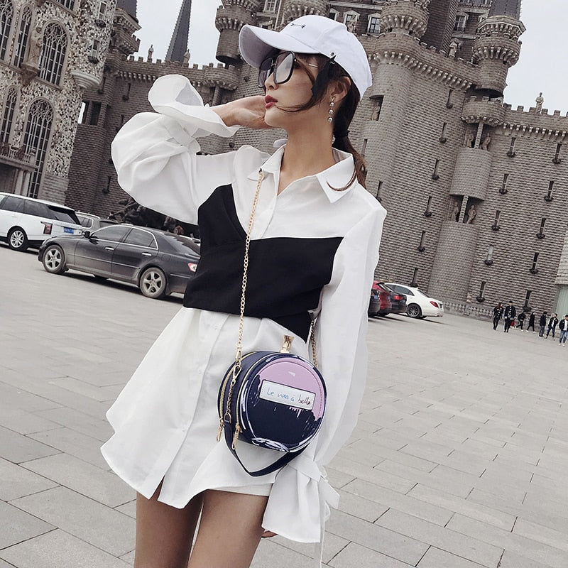 Round Letter Printed Perfume Bottle Pu Leather Casual Handbag Chain Purse Shoulder Bag