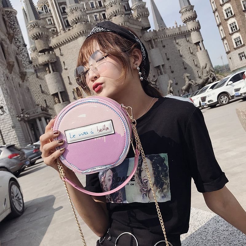 Round Letter Printed Perfume Bottle Pu Leather Casual Handbag Chain Purse Shoulder Bag