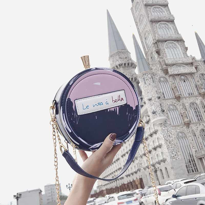 Round Letter Printed Perfume Bottle Pu Leather Casual Handbag Chain Purse Shoulder Bag