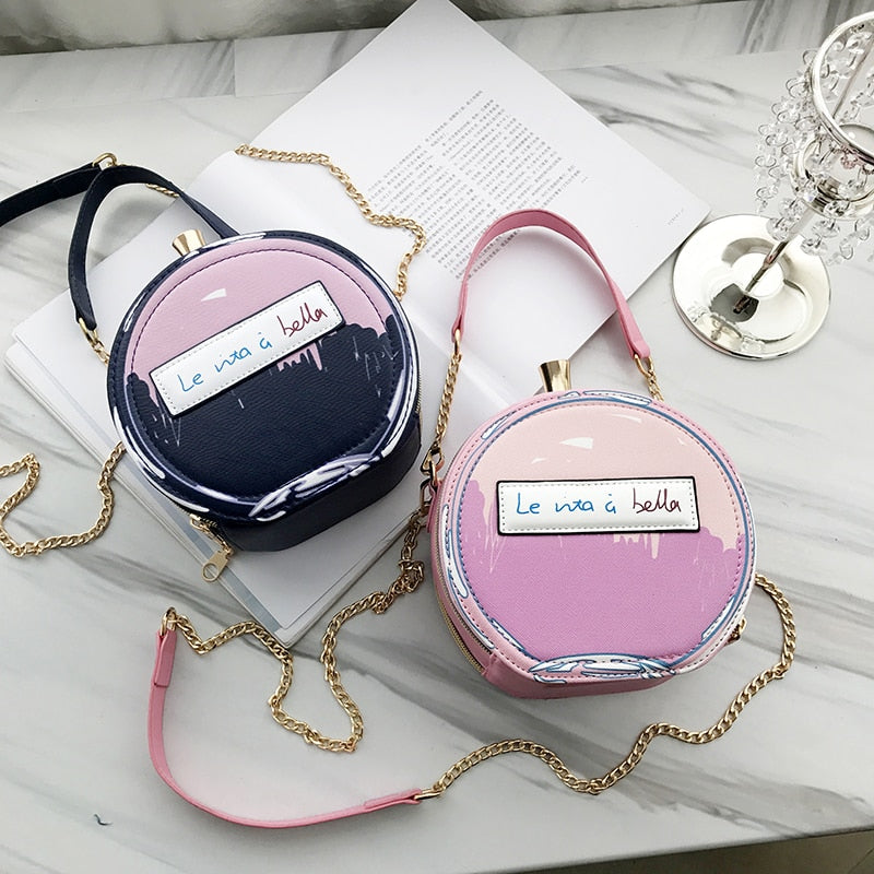 Round Letter Printed Perfume Bottle Pu Leather Casual Handbag Chain Purse Shoulder Bag