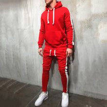Load image into Gallery viewer, 2 Pieces Sets Men Tracksuit Hooded Sweatshirt +Drawstring Pants Male Stripe Patchwork Hoodies
