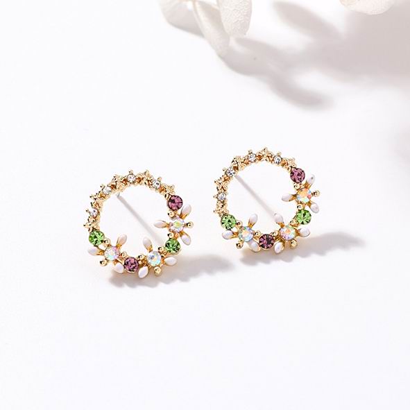 Korean New Colorful Rhinestone Wreath Stud Earrings For Women Sweet Flower Shell Small Cirlce Brincos Gift