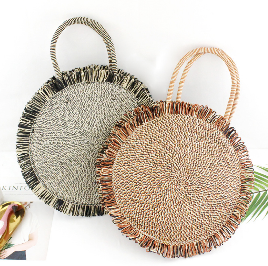 Tassel Handbag High quality Straw bag Women beach woven bag Round Tote fringed beach wovenShoulder Travel bag