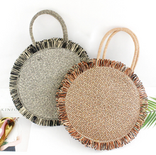 Load image into Gallery viewer, Tassel Handbag High quality Straw bag Women beach woven bag Round Tote fringed beach wovenShoulder Travel bag
