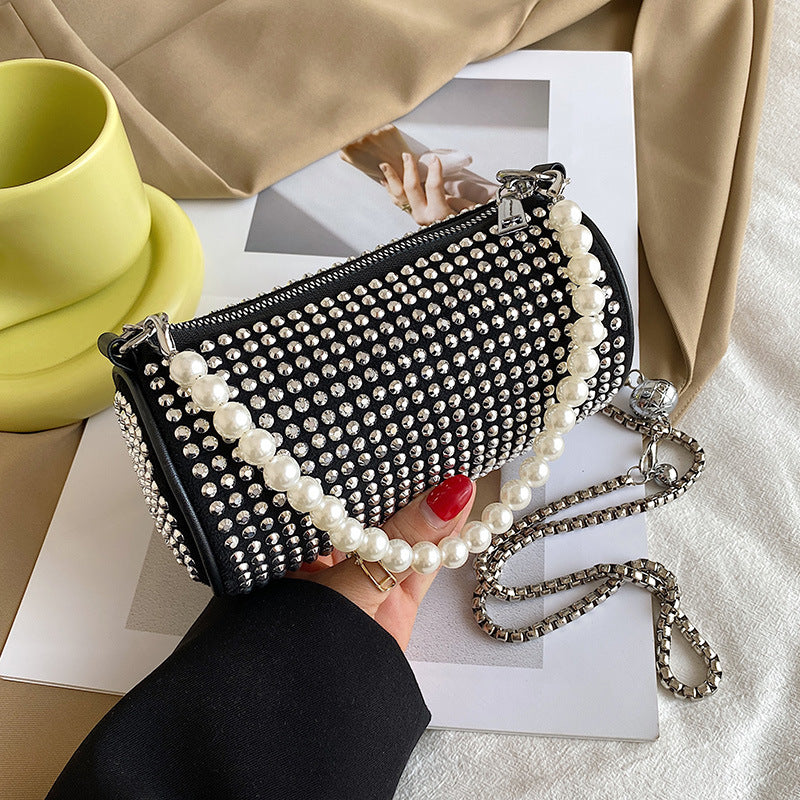 Women's Fashion Messenger Bag Pearl Hand Cylinder Bag Crossbody Chain Bright Diamond Bag