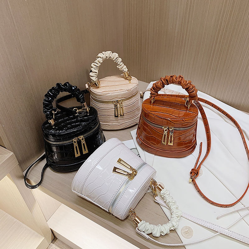 Stone Crocodile Pattern Bucket Bags For Women 4 Colors Pleated Handle Handbags Vintage Messenger Shoulder Bags