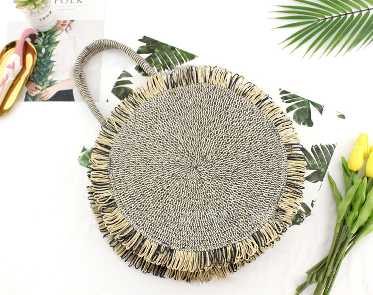 Tassel Handbag High quality Straw bag Women beach woven bag Round Tote fringed beach wovenShoulder Travel bag