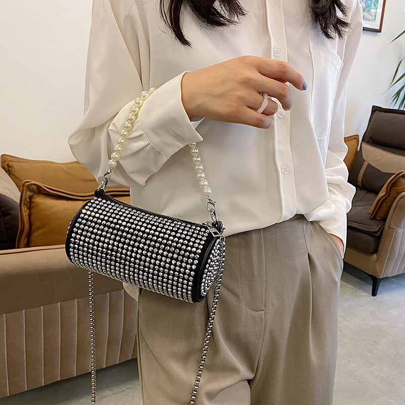 Women's Fashion Messenger Bag Pearl Hand Cylinder Bag Crossbody Chain Bright Diamond Bag