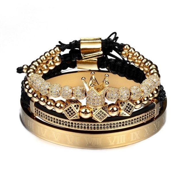 Classical Handmade Braiding Bracelet Gold Hip Hop Men Pave CZ Zircon Crown Roman Numeral Bracelet  Luxury Jewelry