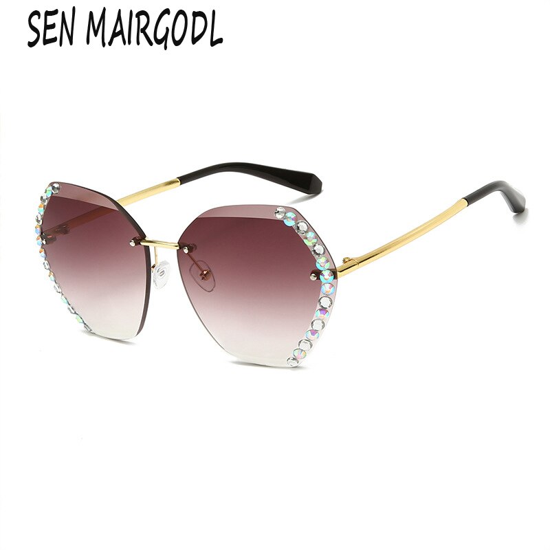 New Fashion Frameless sunglasses women Trimmed  luxury crystal sun glasses men Classic oval diamond glasses UV400 gafas de mujer
