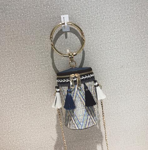 Summer Fashion New Handbag High quality Straw bag Women bag Round Tote bag Hand Metal Ring Tassel Chain Shoulder Travel bag