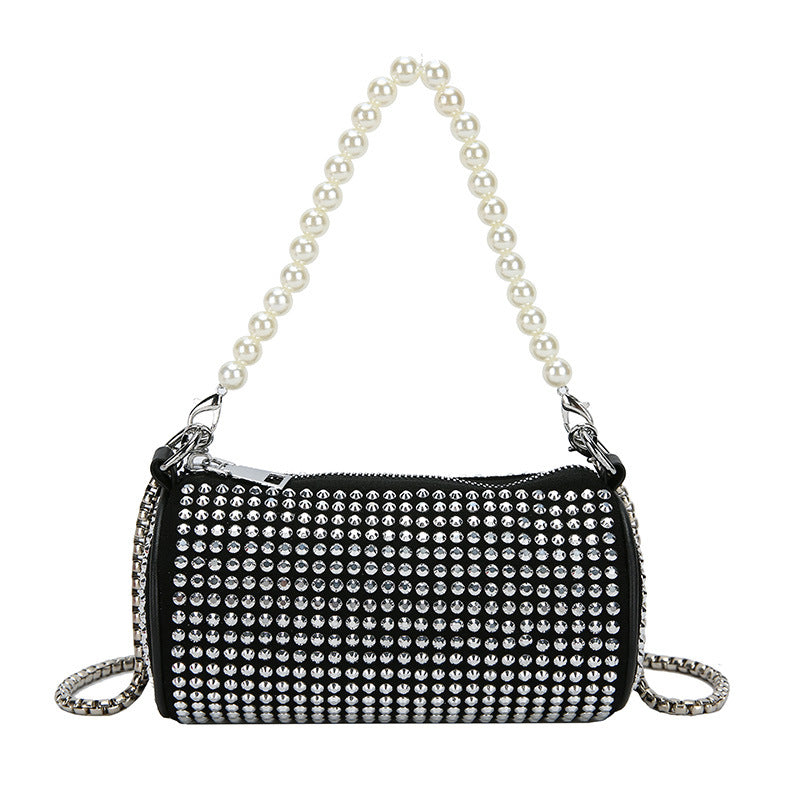 Women's Fashion Messenger Bag Pearl Hand Cylinder Bag Crossbody Chain Bright Diamond Bag