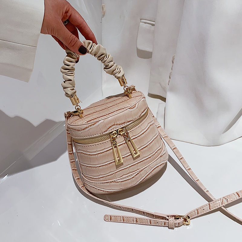 Stone Crocodile Pattern Bucket Bags For Women 4 Colors Pleated Handle Handbags Vintage Messenger Shoulder Bags