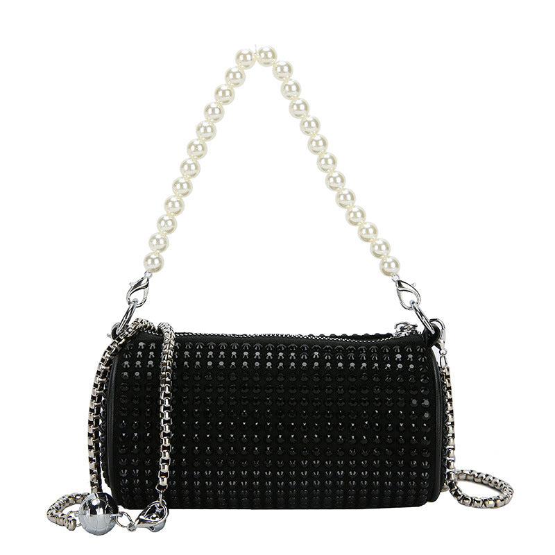 Women's Fashion Messenger Bag Pearl Hand Cylinder Bag Crossbody Chain Bright Diamond Bag