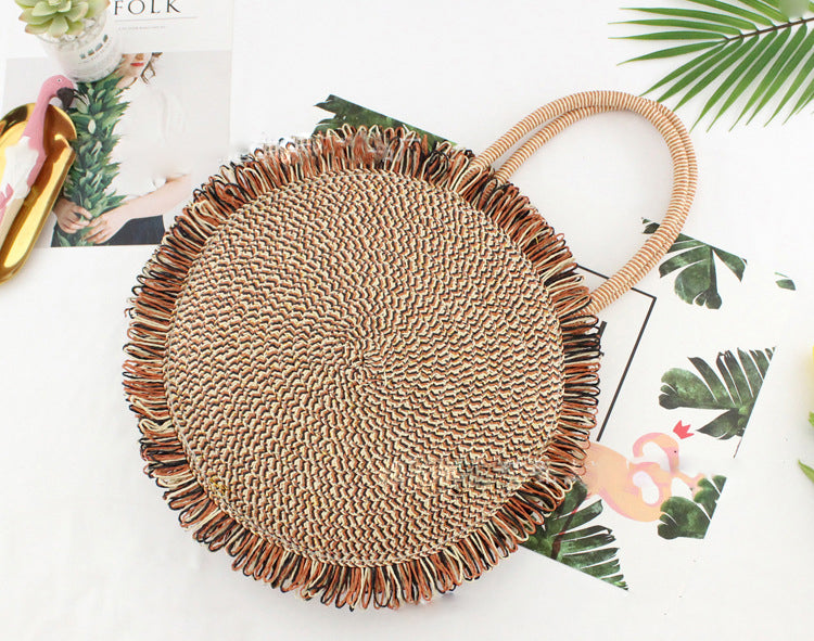 Tassel Handbag High quality Straw bag Women beach woven bag Round Tote fringed beach wovenShoulder Travel bag