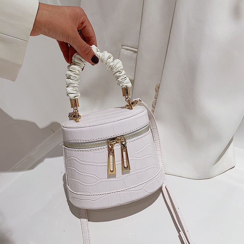 Stone Crocodile Pattern Bucket Bags For Women 4 Colors Pleated Handle Handbags Vintage Messenger Shoulder Bags