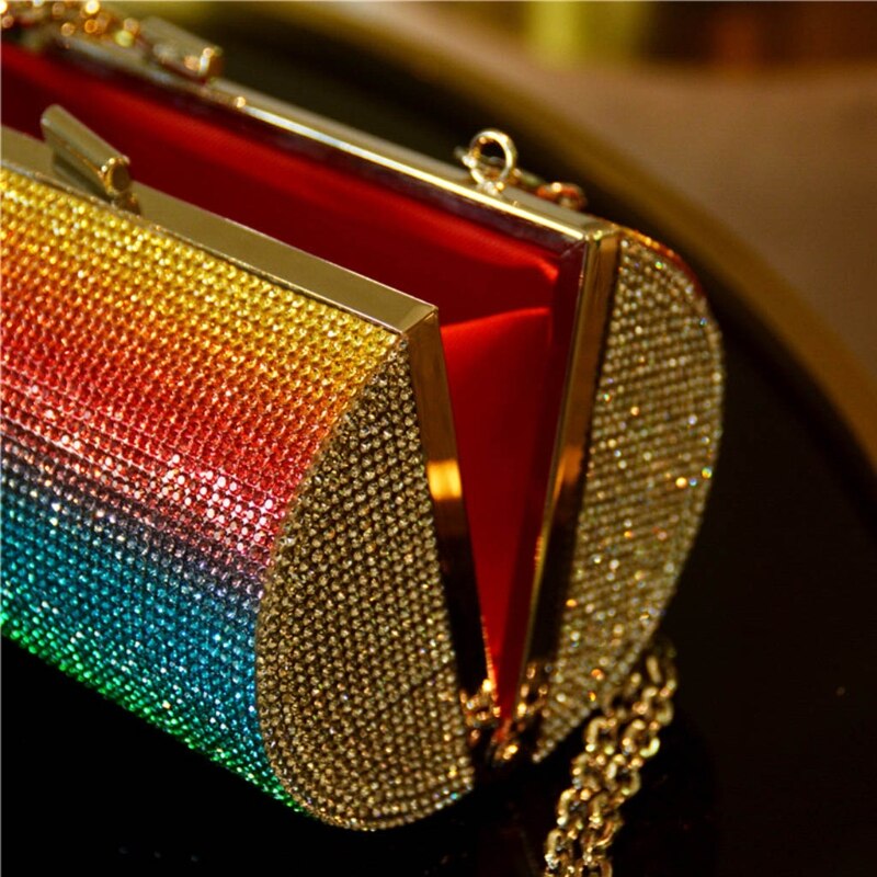 Rainbow Rhinestone Purse Evening Bags for Women Luxury Party Handbag for Wedding Clutch Bag Diamond Cylinder Shoulder Bag