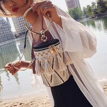 Load image into Gallery viewer, Summer Fashion New Handbag High quality Straw bag Women bag Round Tote bag Hand Metal Ring Tassel Chain Shoulder Travel bag
