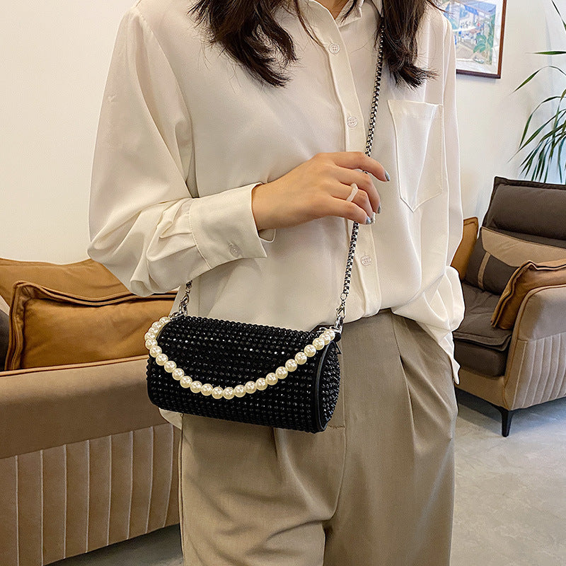 Women's Fashion Messenger Bag Pearl Hand Cylinder Bag Crossbody Chain Bright Diamond Bag
