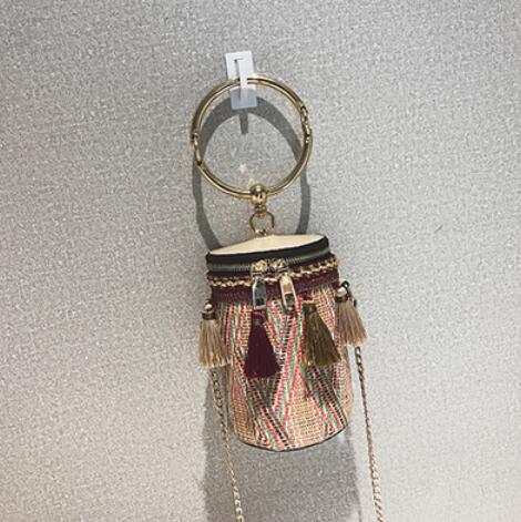 Summer Fashion New Handbag High quality Straw bag Women bag Round Tote bag Hand Metal Ring Tassel Chain Shoulder Travel bag