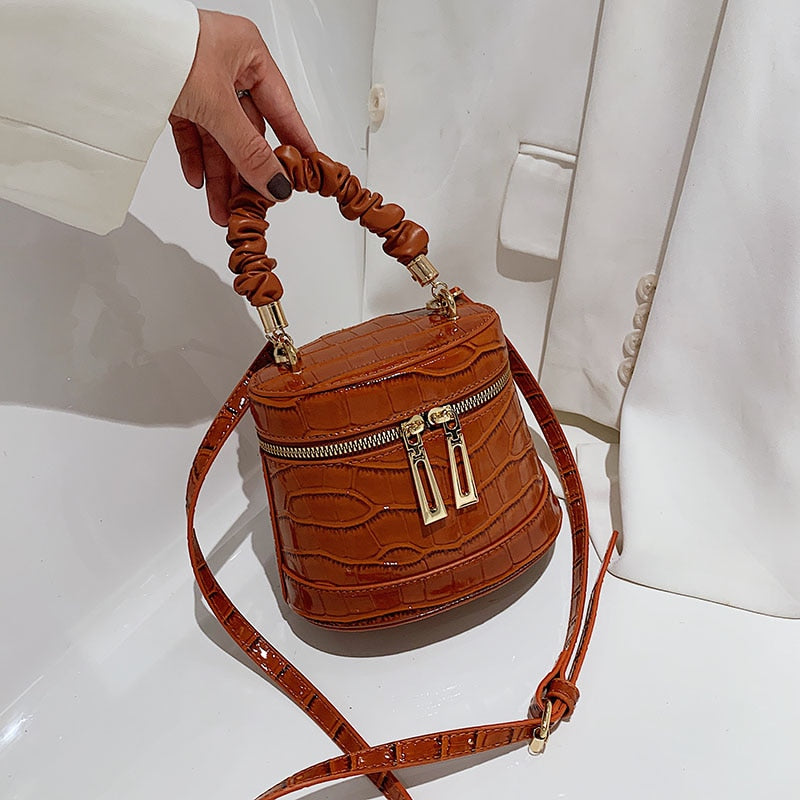 Stone Crocodile Pattern Bucket Bags For Women 4 Colors Pleated Handle Handbags Vintage Messenger Shoulder Bags