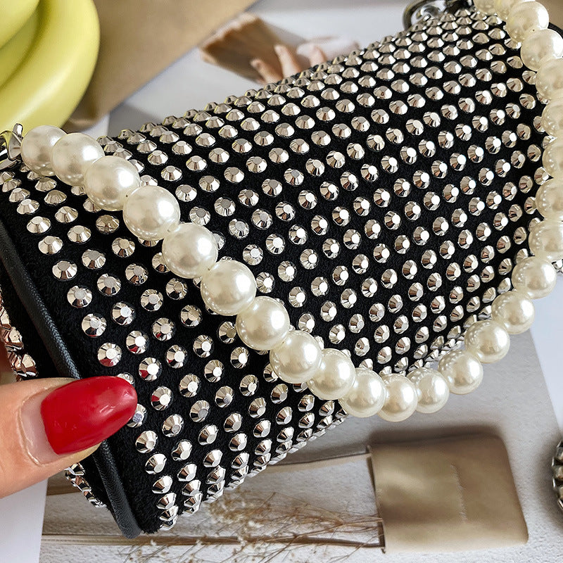 Women's Fashion Messenger Bag Pearl Hand Cylinder Bag Crossbody Chain Bright Diamond Bag