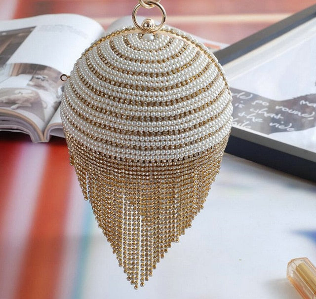 Diamond Tassel Pearl Beaded Clutch Bags Women Handbag Luxury Full Pearl Wedding Party Bags