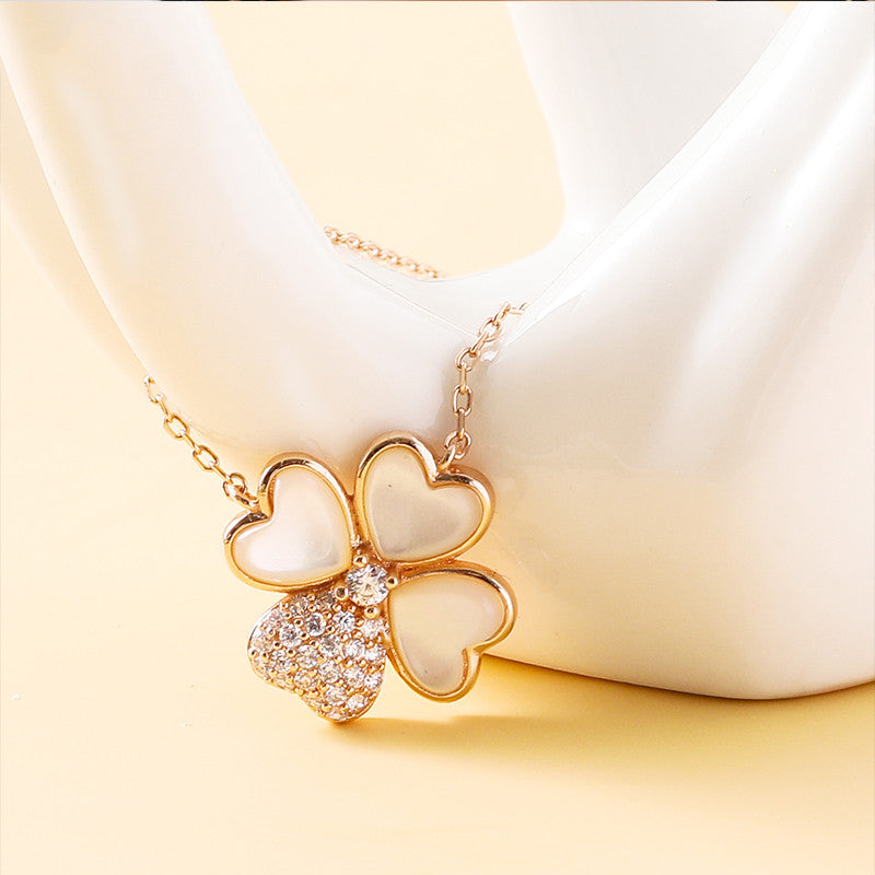 Four Leaf Clover Necklace Pure S925 Silver Zircon White Shell Female